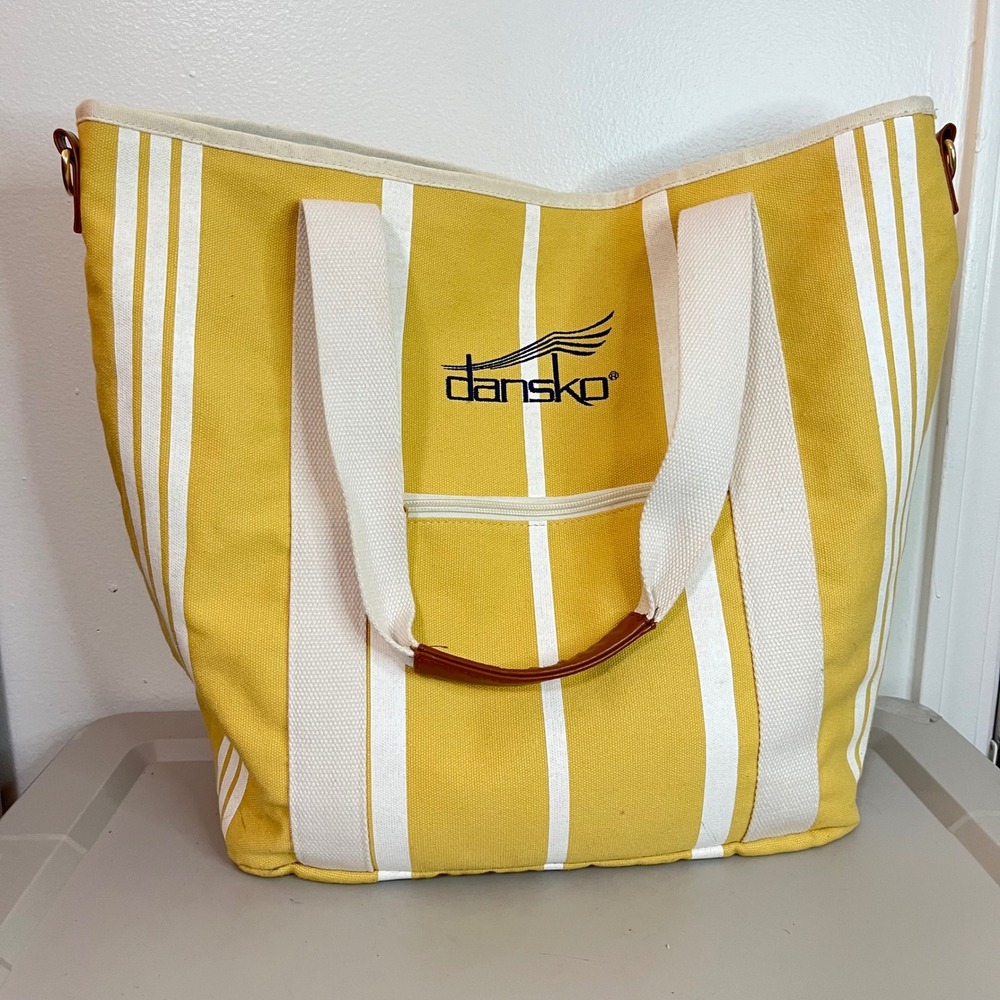 Dansko Striped Canvas Tote Bag Large Yellow White Coastal Beach Travel Resort